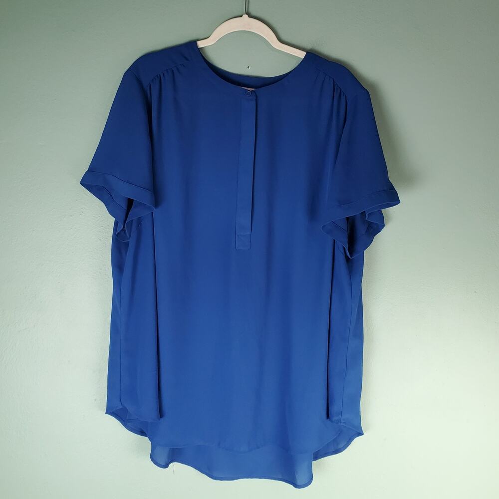 Evri Womens Blue Button Down V-Neck Short Sleeve Blouse Top Size 3X
